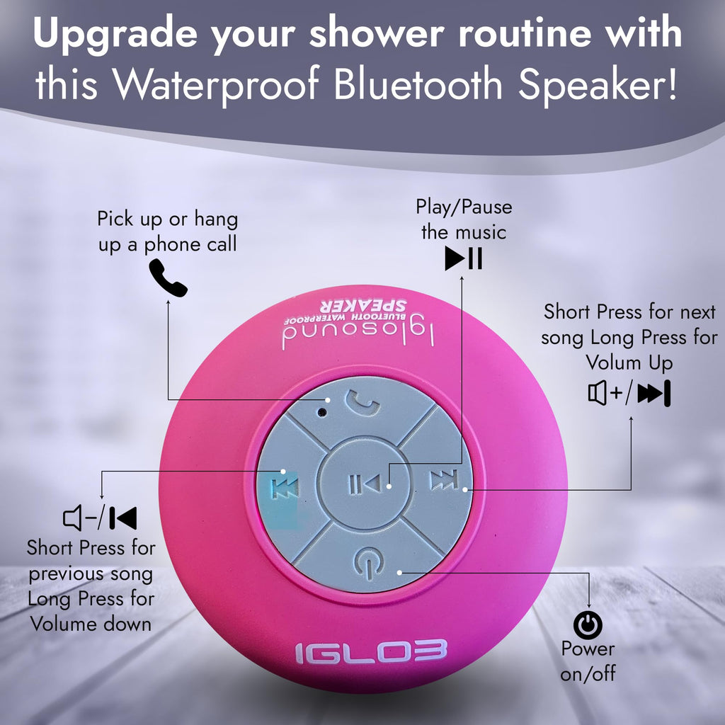 IGLO3 Bluetooth Shower Speaker - Waterproof Speaker for Shower with Suction Cup, Built-in Microphone Voice Control Bathroom Speaker Bluetooth Waterproof, Shower Speaker Bluetooth Waterproof (Pink)