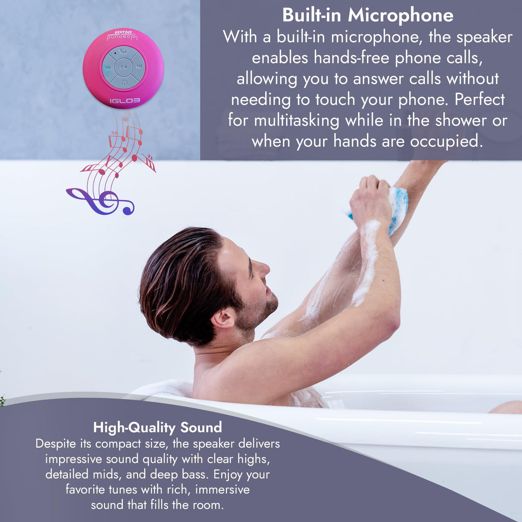 IGLO3 Bluetooth Shower Speaker - Waterproof Speaker for Shower with Suction Cup, Built-in Microphone Voice Control Bathroom Speaker Bluetooth Waterproof, Shower Speaker Bluetooth Waterproof (Pink)