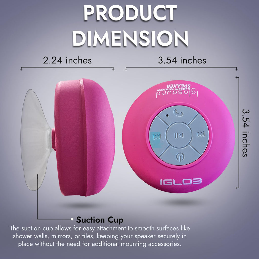 IGLO3 Bluetooth Shower Speaker - Waterproof Speaker for Shower with Suction Cup, Built-in Microphone Voice Control Bathroom Speaker Bluetooth Waterproof, Shower Speaker Bluetooth Waterproof (Pink)