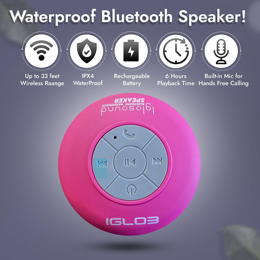 IGLO3 Bluetooth Shower Speaker - Waterproof Speaker for Shower with Suction Cup, Built-in Microphone Voice Control Bathroom Speaker Bluetooth Waterproof, Shower Speaker Bluetooth Waterproof (Pink)